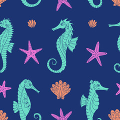 Seamless vector pattern with sketch of hippocampus, starfish and sea shells. Sea seamless vector pattern. Decoration print for wrapping, wallpaper, fabric.