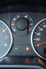 Fuel gauge gas empty. Car tank low petrol meter indicator on dashboard. Gas gauge fuel level.