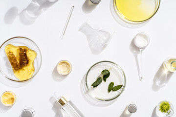 Alternative natural medicine and glassware, flasks and petri bowl. Alternative medicine herbs. Natural beauty skin care products.