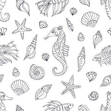 Seamless vector pattern with sketch of hippocampus, fish, sea stars and sea shells. Sea seamless vector pattern. Decoration print for wrapping, wallpaper, fabric.