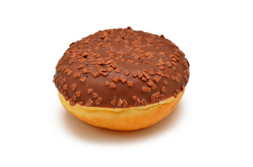 puffy donut with chocolate closeup isolated on white background