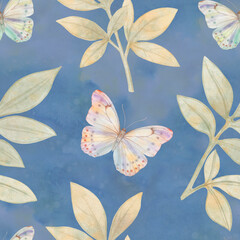 Watercolor abstract background, butterflies and leaves. Botanical pattern for design.