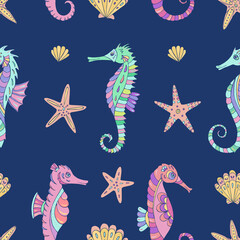 Seamless vector pattern with sketch of hippocampus, starfish and sea shells. Sea seamless vector pattern. Decoration print for wrapping, wallpaper, fabric.