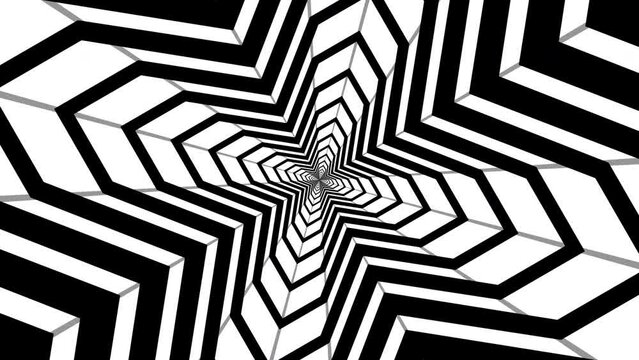Animated Black and White Geometric Pattern with Stairs. Rotating Tunnel in Perspective. Abstract Optical Psychedelic Illusion. Starlike Wicker Texture. Loop Seamless Stock Footage. 3D Graphic