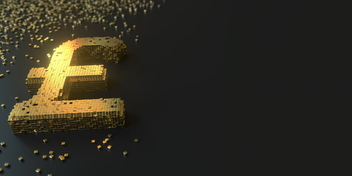 Pound sterling symbol made with golden blocks. Digital currency or blockchain fintech concepts, 3D rendering