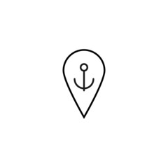 Vector symbol drawn with black thin line. Simple monochrome sign perfect for articles, books, stores, shops. Line icon of anchor inside of geolocation sign