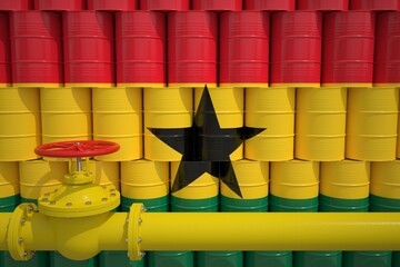 Many barrels with petrochemicals with flag of Ghana and gas pipe. 3d rendering