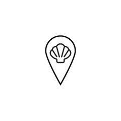 Vector symbol drawn with black thin line. Simple monochrome sign perfect for articles, books, stores, shops. Line icon of seashell inside of geolocation sign