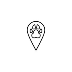Vector symbol drawn with black thin line. Simple monochrome sign perfect for articles, books, stores, shops. Line icon of paw or cat or dog inside of geolocation sign