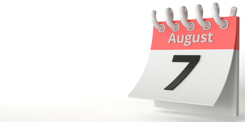 August 7 date on a tear-off calendar, 3d rendering