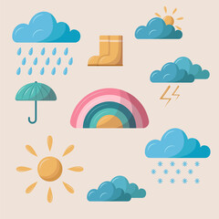 Weather set. Baby cartoon vector illustration. Sun, clouds, rainbow, rain. Bright color palette. Flat style with shadows.