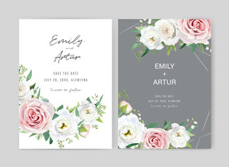 Romantic, elegant wedding invite, save the date card set. Floral watercolor style blush pink, ivory white rose flowers, greenery seeded eucalyptus leaves bouquet decoration. Editable vector illustrati