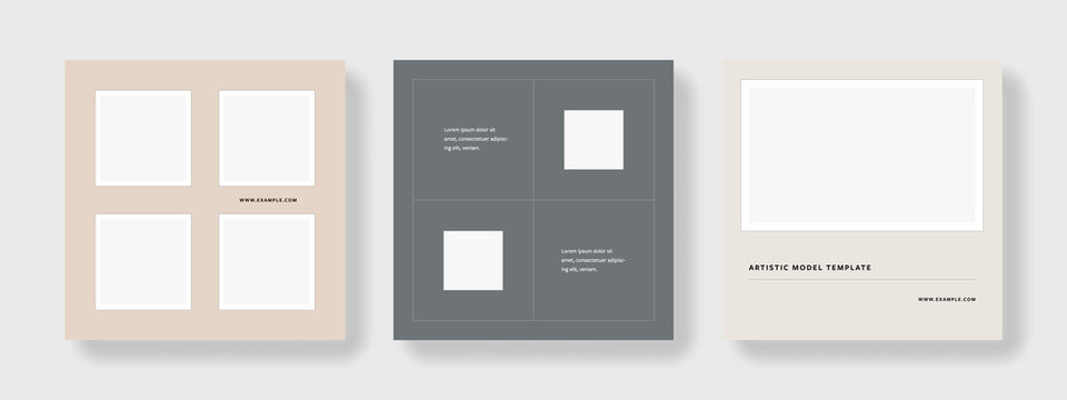 minimal editable social media layouts with pastel accent and place for photos, simple square design for instagram and facebook