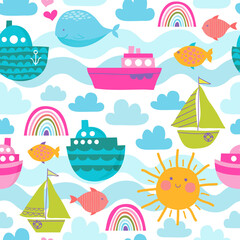 Seamless vector pattern with boats, clouds, sun, whale, fishes and rainbow. Vector template in cartoon style. Great for child theme, nursery. - 506727440