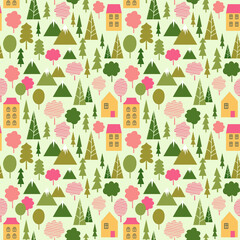 Town in the mountains. Seamless vector pattern with trees, mountains and houses. - 506727441