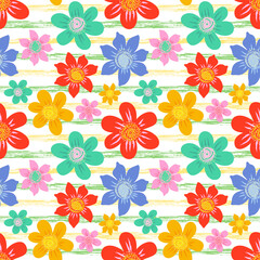Floral background in bright color palette. Seamless vector pattern with flowers and stripes. - 506727443