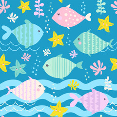 Marine vector background. Seamless pattern fishes and water plants underwater. Great for wallpaper, fabric, nursery. - 506727444