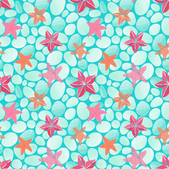 Seamless pattern with pebbles and starfishes. Marine vector background. - 506727446