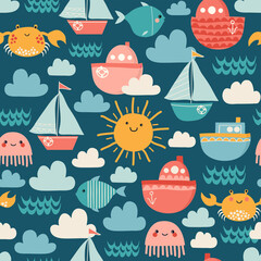 Seamless vector pattern with sun, boats, clouds, fishes, crabs and jellyfishes in cartoon style. Great for kids theme. - 506727447