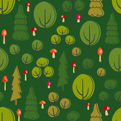 Fairytale forest with mushrooms. Seamless vector pattern with trees. - 506727449