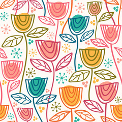 Seamless vector pattern with stylized outlines flowers. - 506727450