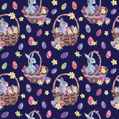 Easter seamless vector pattern of rabbits and eggs. Suitable for packaging, fabrics, wallpapers and simple colorings. Easter background.	
