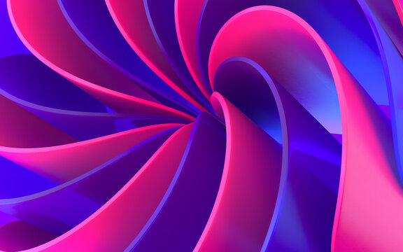 Abstract curly transparent shape, twisted petals, abstract wavy background, bright pink violet colors. 3d rendering