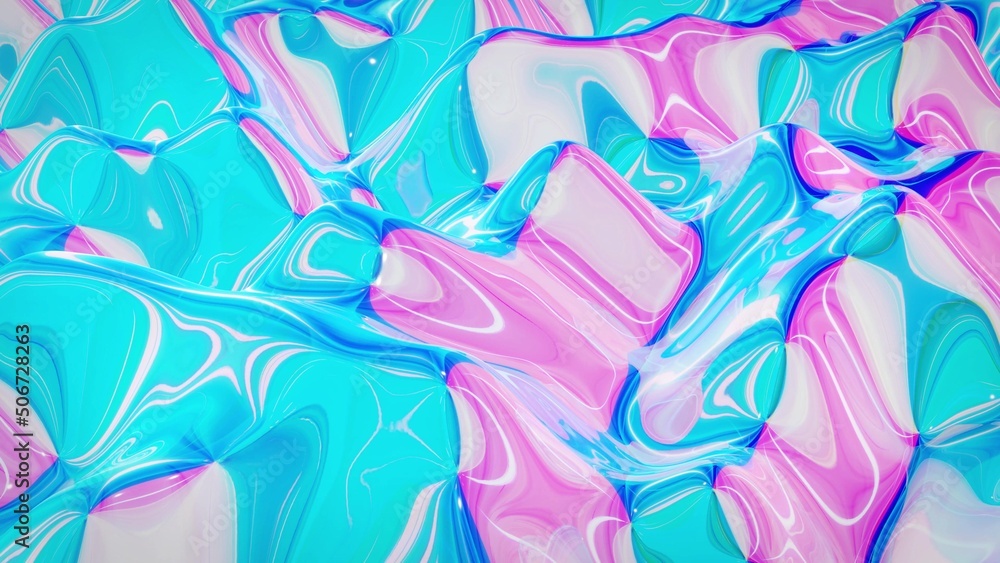 Poster 3d rendering background. beautiful wavy glass surface of liquid with pattern, gradient color and flo