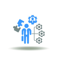 Vector illustration of businessman with flowchart and gears, puzzle. Icon of roles and responsibilities. Symbol of employee professional role, responsibility, motivation.