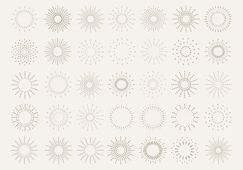 Sunburst set. Vintage sunrise collection.  Vector light rays elements. Firework explosion, stars, emblem, logo, tag. Vector Illustration 