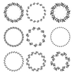 Obraz premium Illustration of collection of assorted circle shaped black frames made of plants on white isolated background