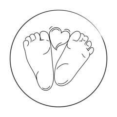 Newborn baby care concept.Two cute baby feet with heart minimal art design element.Outline baby feet Vector icon.Love symbol. Family concept vector illustration isolated on white background.
