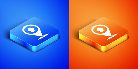 Obraz premium Isometric Chef hat with location icon isolated on blue and orange background. Cooking symbol. Cooks hat. Square button. Vector