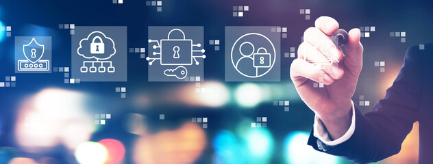 Data Security concept with businessman on night city background