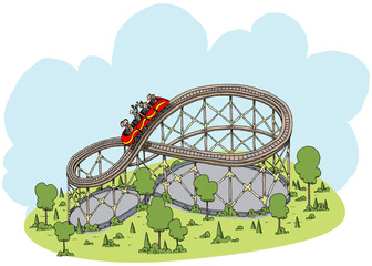 A cartoon of a roller coaster travelling around in a round circuit.