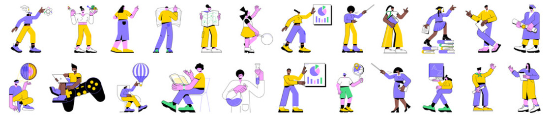Colorful linear vector illustration set of isolated students in learning process. Distance web learning tools, school college activity, read a book, happy students with diploma, high education.