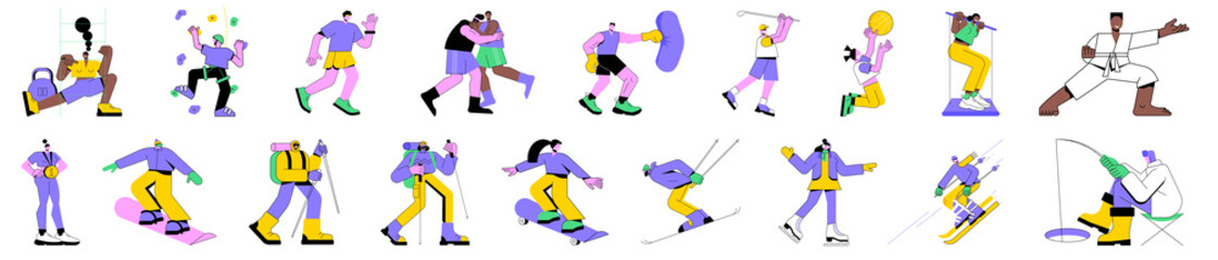 Colorful linear vector illustration set of isolated characters doing sport. Winter and summer outdoor fun. Skiing and skating, boxing and martial arts. Ice fishing and hiking. Healthy lifestyle.