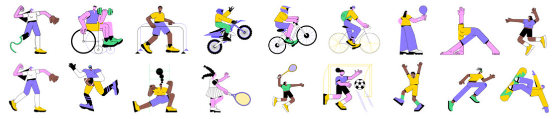 Colorful linear vector illustration set of diverse isolated characters doing fitness and playing sport games. Inclusive sports for people with disabilities. American football and soccer, healthy life.