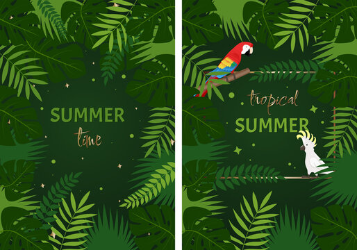Background tropical palm leaves with parrots. Design of an invitation or flyer with jungle leaves. Vector illustration.