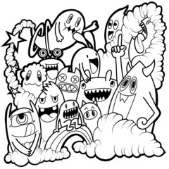 Hand-drawn illustrations, monsters doodle, Hand Drawn cartoon monster illustration,Cartoon crowd doodle hand-drawn Doodle style.black and white stripes coloring © ohhh_photo