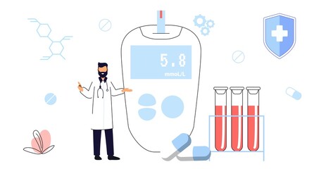 Glucometer for sugar level blood test Diabetic blood glucose meter with pills and test tubes Vector illustration for awareness day, medicine, health care concept Idea of healthcare and treatment