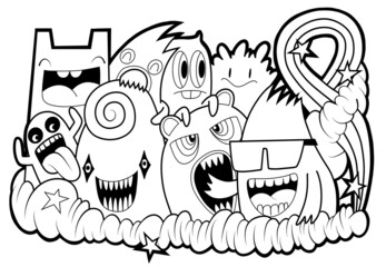 Hand-drawn illustrations, monsters doodle, Hand Drawn cartoon monster illustration,Cartoon crowd doodle hand-drawn Doodle style.black and white stripes coloring