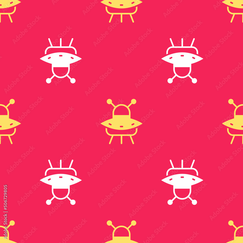 Poster yellow ufo flying spaceship icon isolated seamless pattern on red background. flying saucer. alien s