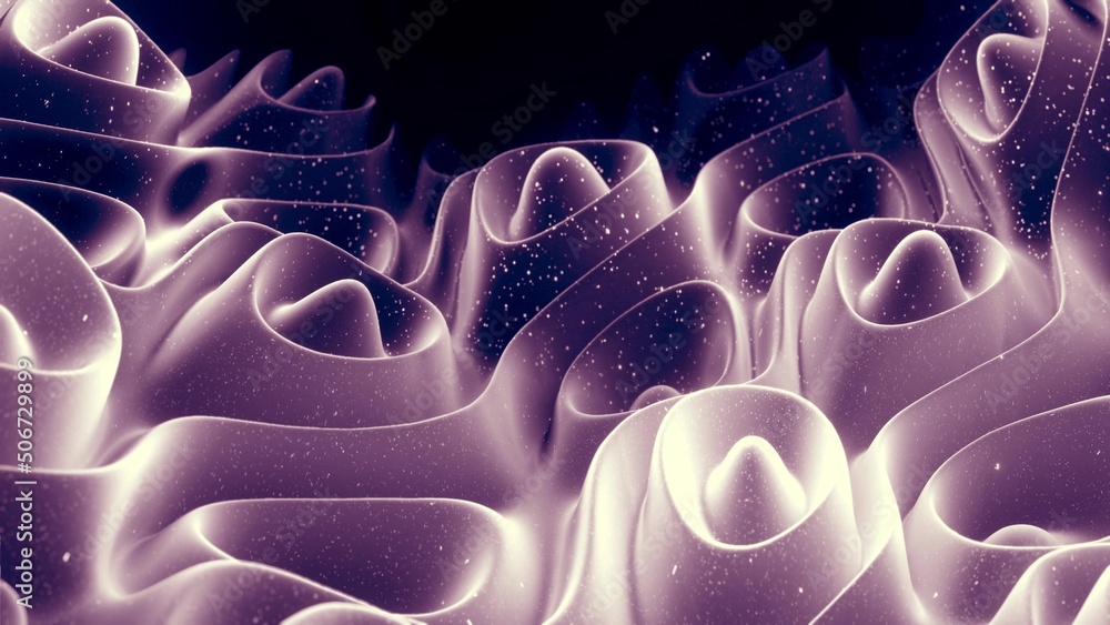 Poster 3d render. abstract waves of soft black matte material with light inner glow and glitters on surface