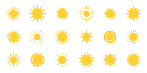Sun icon set. Summer sunny shape. Sunbeam silhouette. Sunlight symbol. Star symbol. Sunrise light. Temperature logo. Nature background. App solar design element. Summer ray. Vector illustration