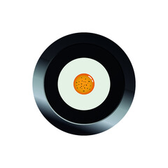 Scrambled egg in a pan. Fried egg colorful button on white background. Vector illustration.