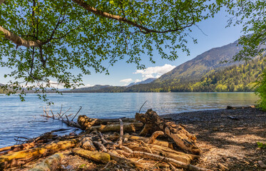 Fototapeta na wymiar View of a beautiful lake with mountains in the background in sunny summer day
