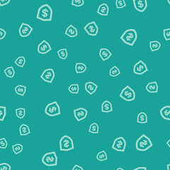 Green Shield with dollar symbol icon isolated seamless pattern on green background. Security shield protection. Money security concept. Vector
