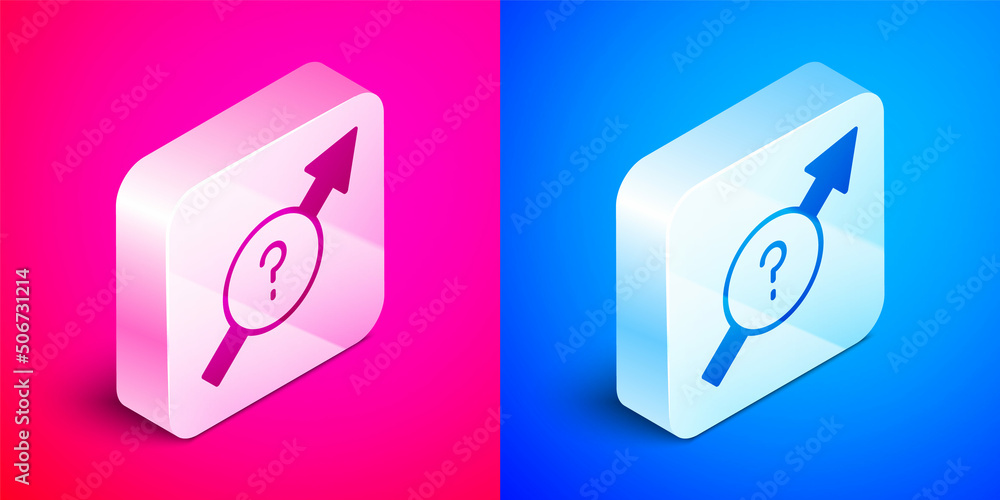 Poster isometric arrow icon isolated on pink and blue background. direction arrowhead symbol. navigation po