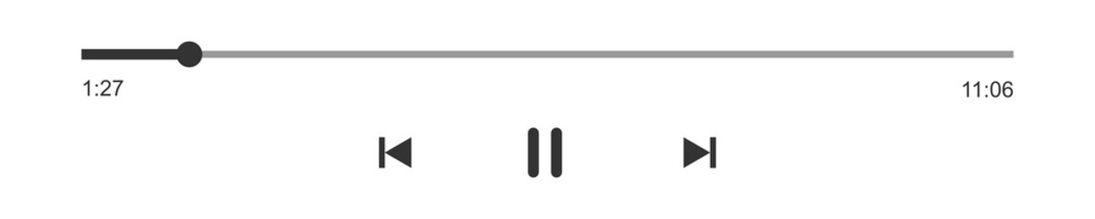 Loading bar with time slider, pause, rewind and fast forward buttons. Video or audio player playback panel. Simple template of media player interface. Vector graphic illustration - obrazy, fototapety, plakaty